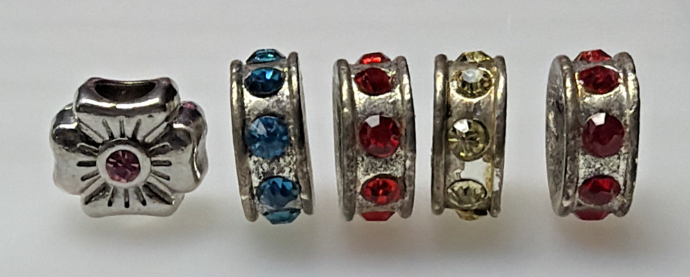 Vtg Lot of 5 Rhinestone Spacer Beads Floral Silver
